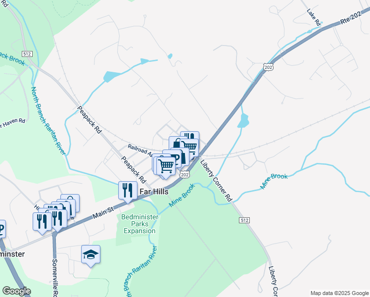 map of restaurants, bars, coffee shops, grocery stores, and more near 18D Ashington Club Road in Far Hills