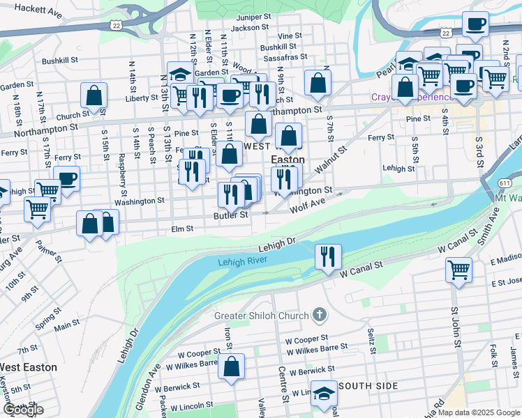 map of restaurants, bars, coffee shops, grocery stores, and more near 947 Butler Street in Easton