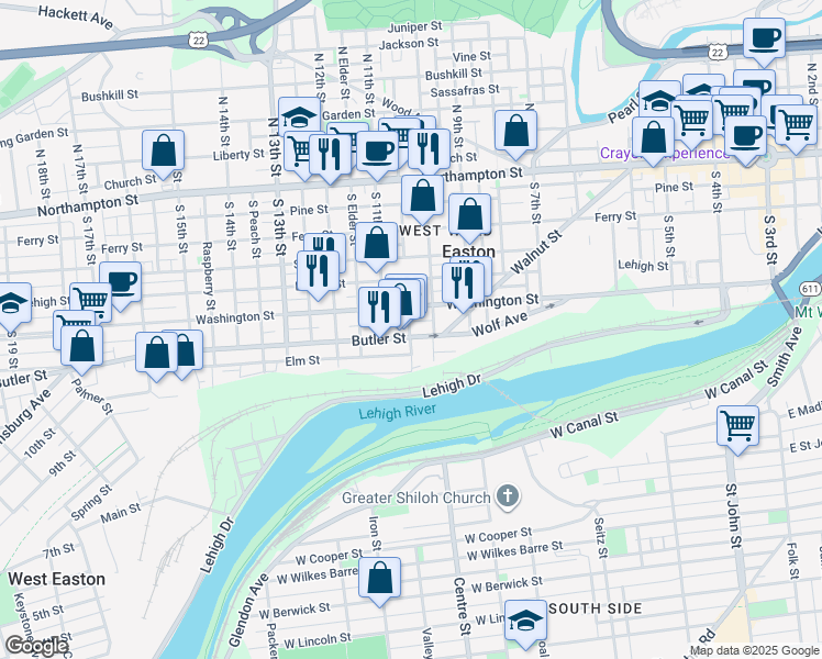 map of restaurants, bars, coffee shops, grocery stores, and more near 1041 Butler Street in Easton
