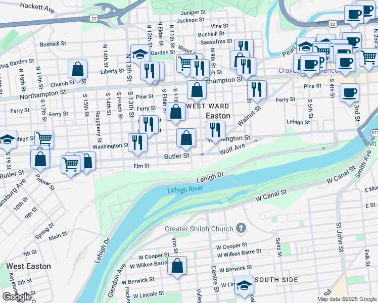 map of restaurants, bars, coffee shops, grocery stores, and more near 1041 Butler Street in Easton