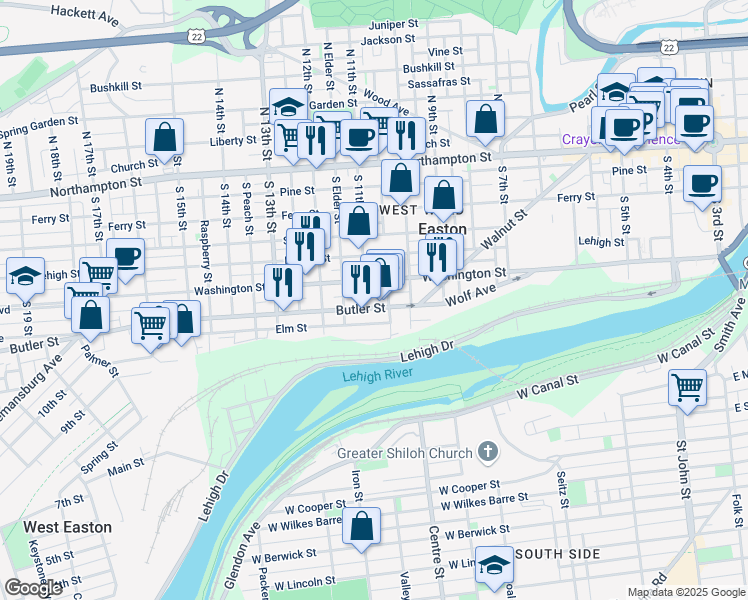 map of restaurants, bars, coffee shops, grocery stores, and more near 1041 Butler Street in Easton