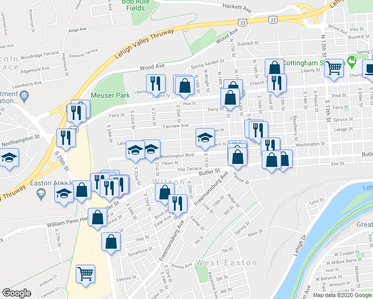map of restaurants, bars, coffee shops, grocery stores, and more near 1935 Washington Boulevard in Easton