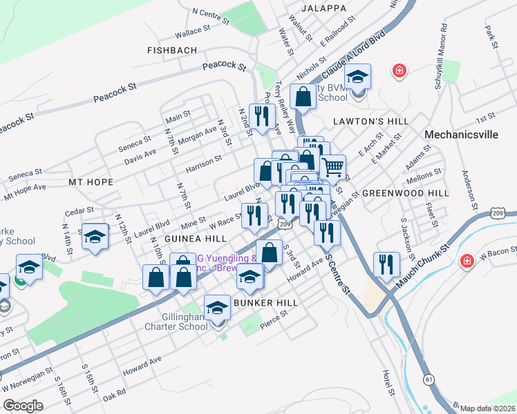 map of restaurants, bars, coffee shops, grocery stores, and more near 305 West Race Street in Pottsville