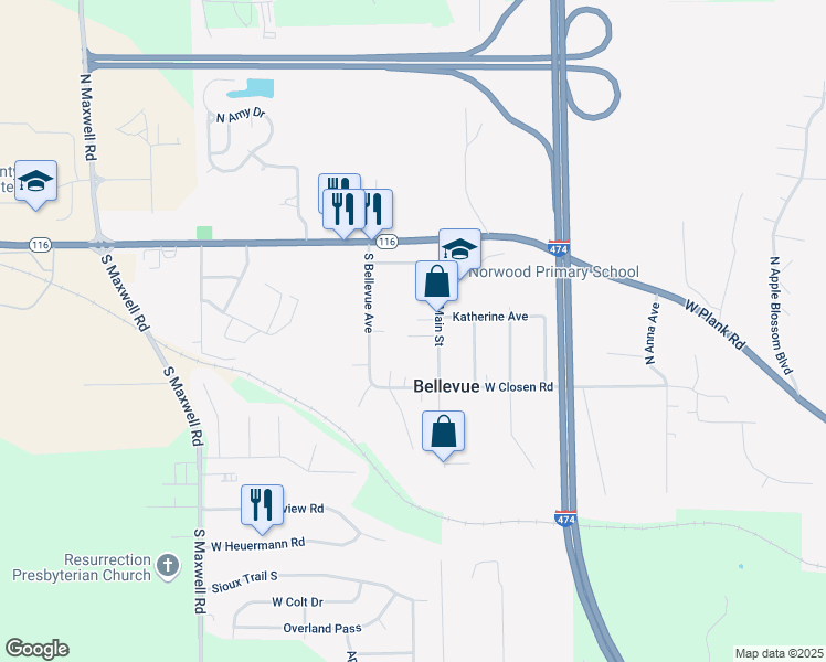 map of restaurants, bars, coffee shops, grocery stores, and more near 317 South Main Street in Bellevue