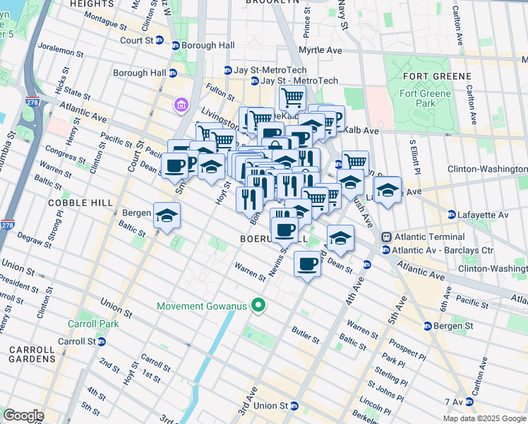 map of restaurants, bars, coffee shops, grocery stores, and more near 415 Pacific Street in Brooklyn