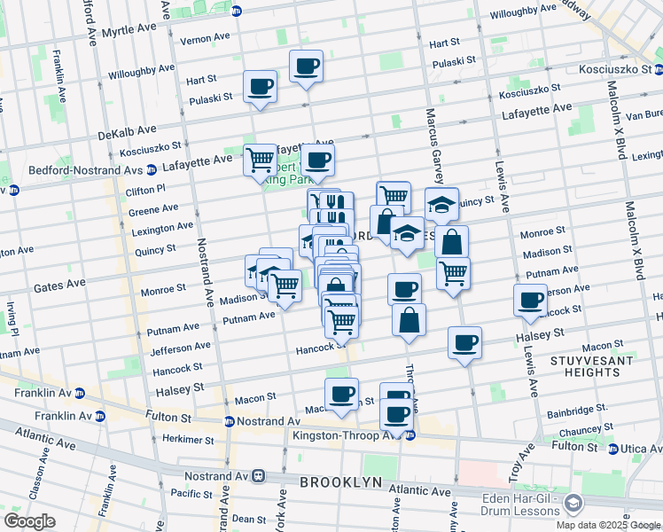 map of restaurants, bars, coffee shops, grocery stores, and more near 308 Monroe Street in Brooklyn