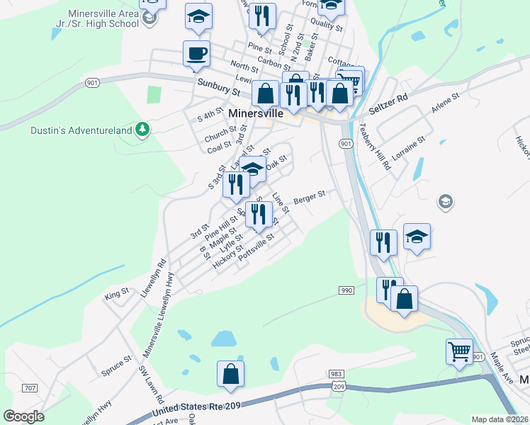 map of restaurants, bars, coffee shops, grocery stores, and more near 400 Lytle St in Minersville