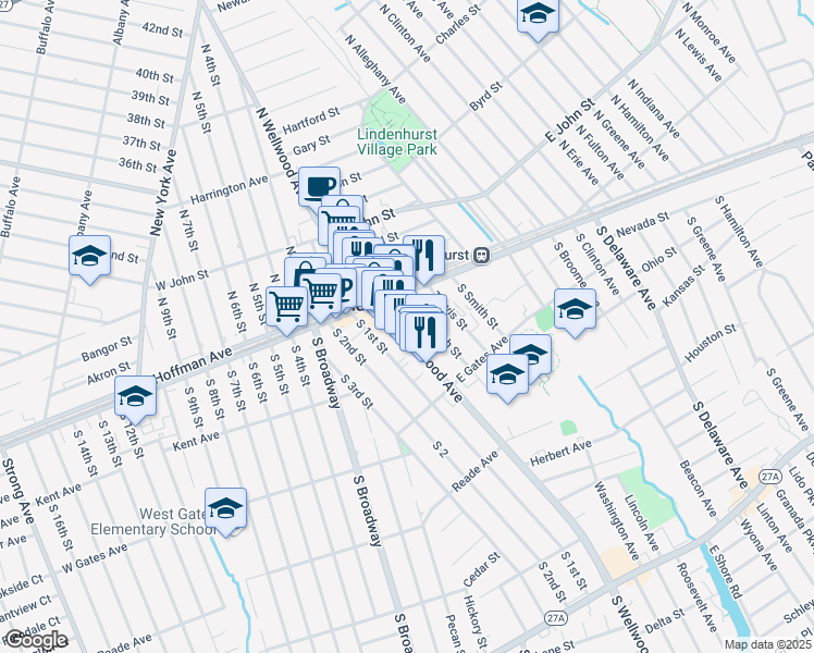 map of restaurants, bars, coffee shops, grocery stores, and more near 166 South Wellwood Avenue in Lindenhurst