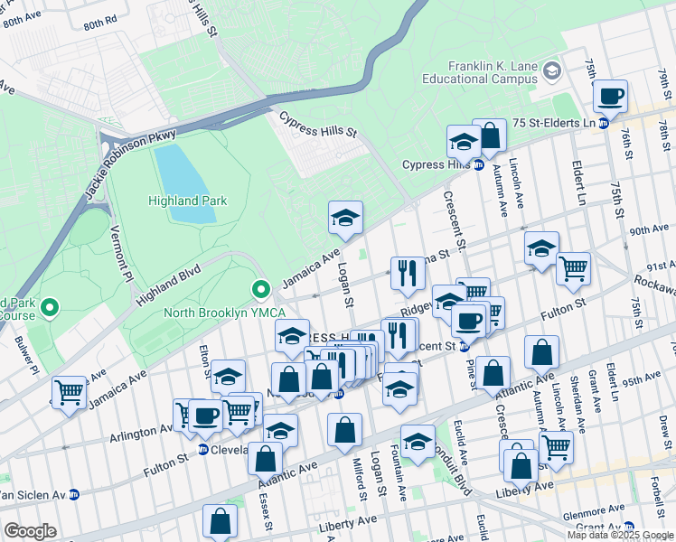 map of restaurants, bars, coffee shops, grocery stores, and more near 28 Logan Street in Brooklyn