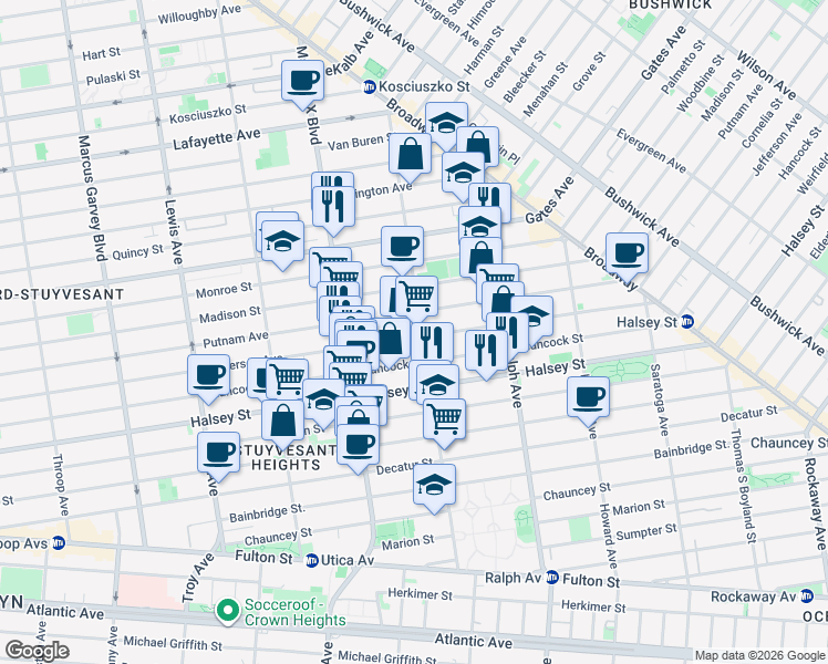 map of restaurants, bars, coffee shops, grocery stores, and more near in Brooklyn