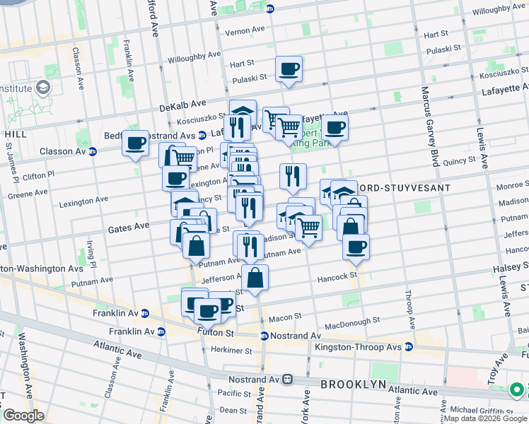 map of restaurants, bars, coffee shops, grocery stores, and more near 337 Nostrand Avenue in Brooklyn