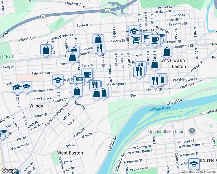 map of restaurants, bars, coffee shops, grocery stores, and more near 1440 Washington Street in Easton