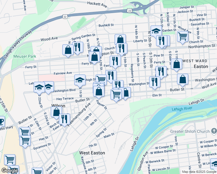map of restaurants, bars, coffee shops, grocery stores, and more near 1614 Washington Boulevard in Easton