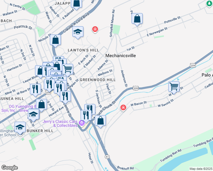 map of restaurants, bars, coffee shops, grocery stores, and more near 521 Ridge Avenue in Pottsville