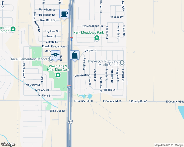 map of restaurants, bars, coffee shops, grocery stores, and more near 6900 Lee Street in Wellington
