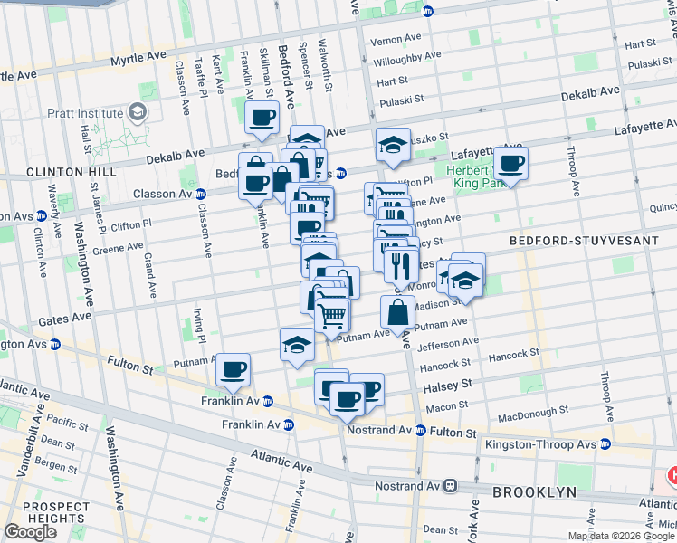 map of restaurants, bars, coffee shops, grocery stores, and more near 338A Gates Avenue in Brooklyn