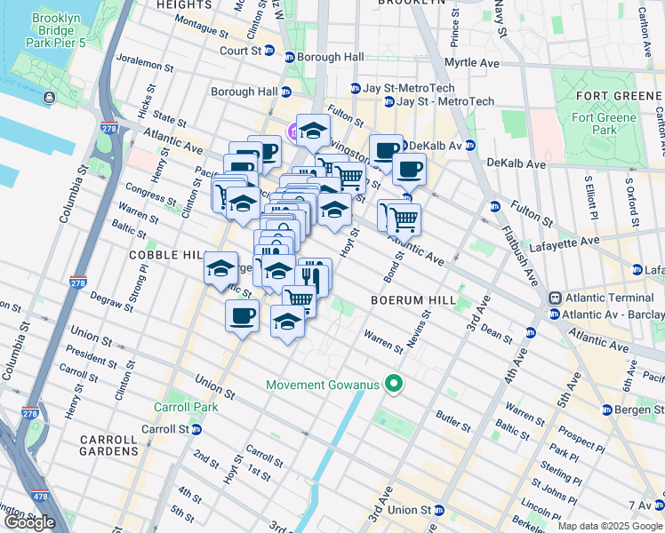 map of restaurants, bars, coffee shops, grocery stores, and more near 142 Hoyt Street in Brooklyn