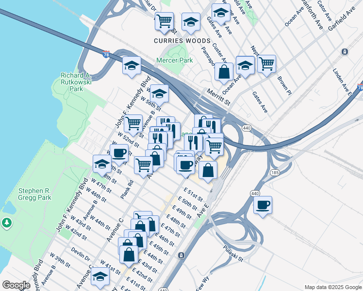 map of restaurants, bars, coffee shops, grocery stores, and more near 41 West 54th Street in Bayonne