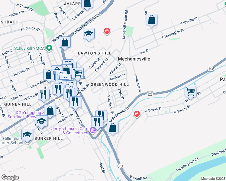 map of restaurants, bars, coffee shops, grocery stores, and more near 502 Ridge Avenue in Pottsville