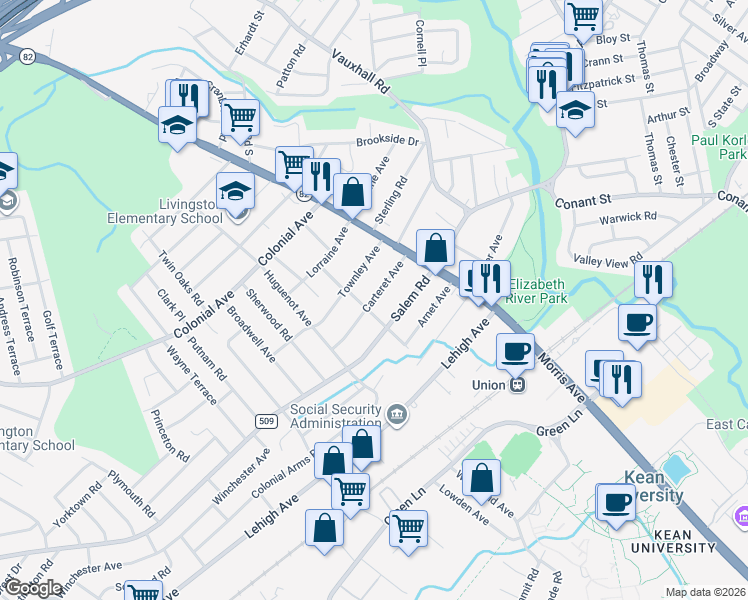 map of restaurants, bars, coffee shops, grocery stores, and more near 952 Salem Road in Union