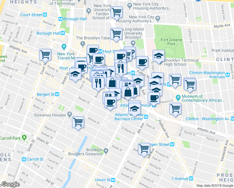 map of restaurants, bars, coffee shops, grocery stores, and more near 453 Atlantic Avenue in Brooklyn