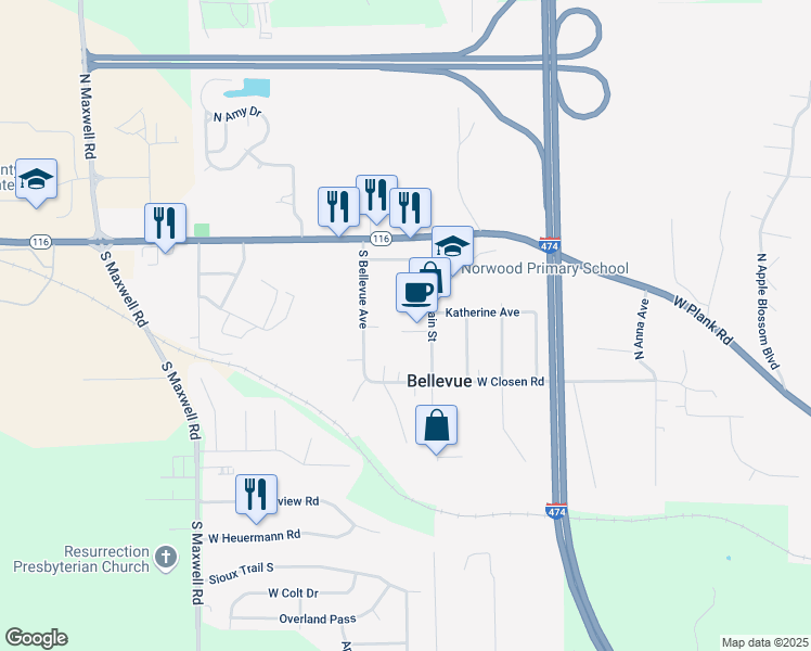 map of restaurants, bars, coffee shops, grocery stores, and more near 317 South Main Street in Bellevue