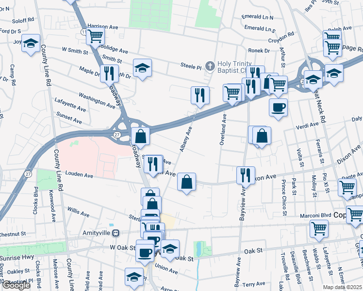 map of restaurants, bars, coffee shops, grocery stores, and more near 5 South Park Place in Amityville