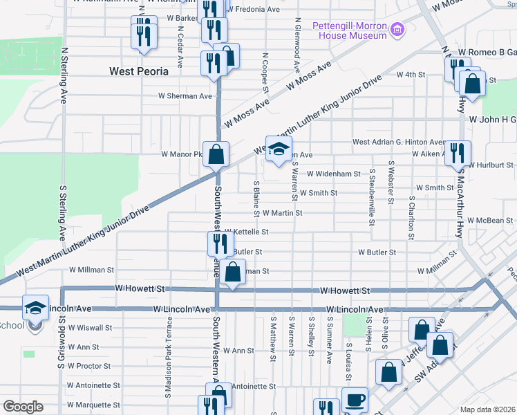 map of restaurants, bars, coffee shops, grocery stores, and more near 1719 West Martin Street in Peoria