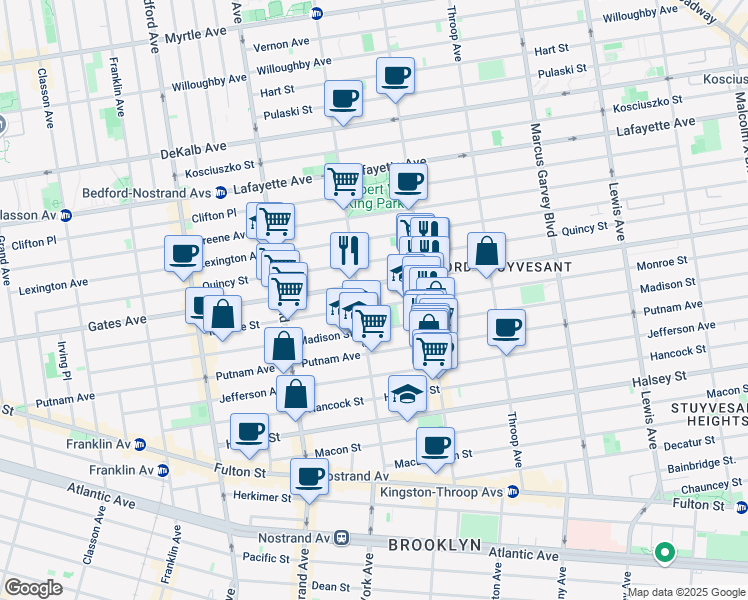 map of restaurants, bars, coffee shops, grocery stores, and more near 283 Monroe Street in Brooklyn