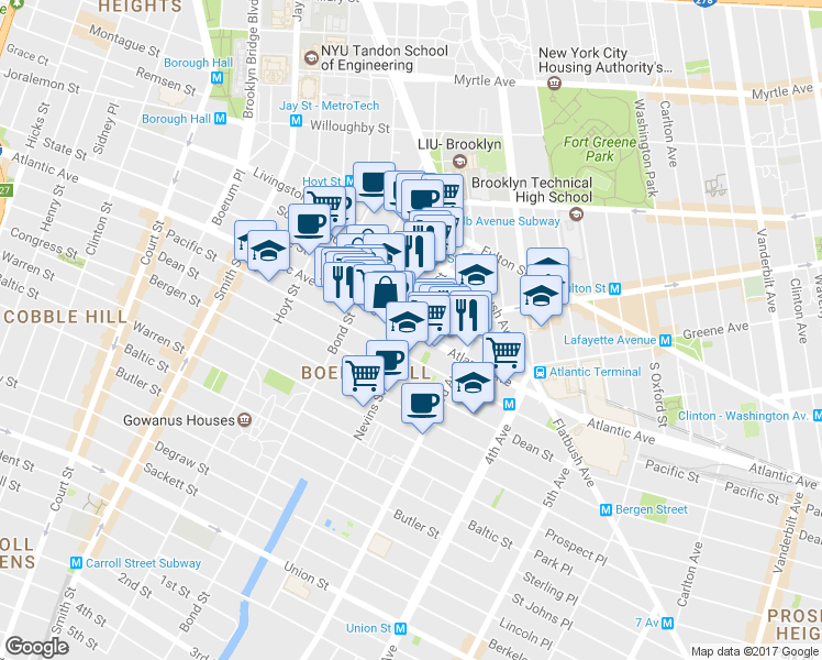 map of restaurants, bars, coffee shops, grocery stores, and more near 451 Atlantic Avenue in Brooklyn