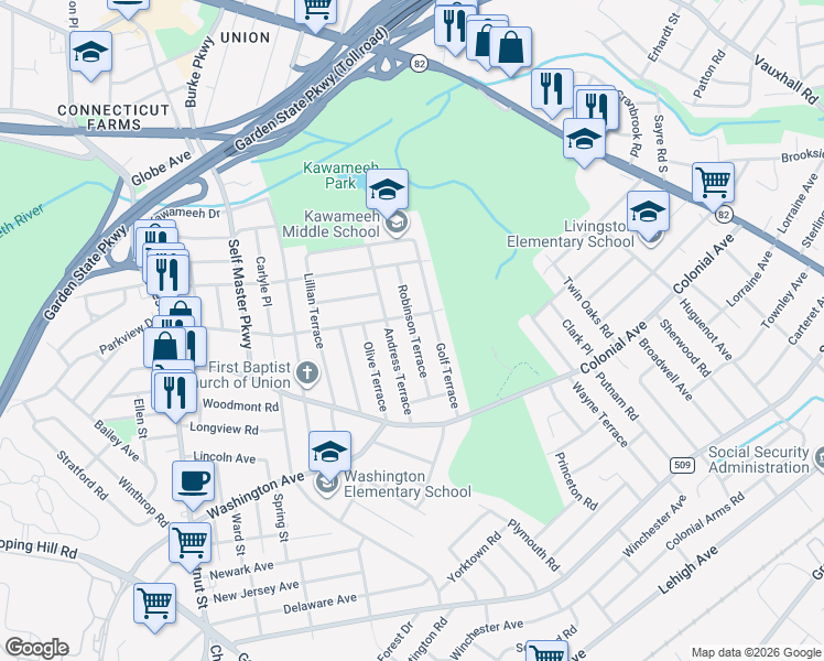 map of restaurants, bars, coffee shops, grocery stores, and more near 587 Andress Terrace in Union