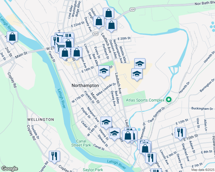 map of restaurants, bars, coffee shops, grocery stores, and more near 1603 Lincoln Avenue in Northampton