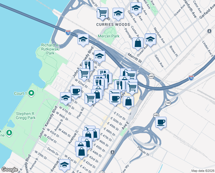 map of restaurants, bars, coffee shops, grocery stores, and more near 1095 Avenue C in Bayonne