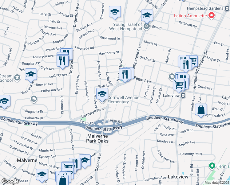 map of restaurants, bars, coffee shops, grocery stores, and more near 875 Hempstead Avenue in West Hempstead