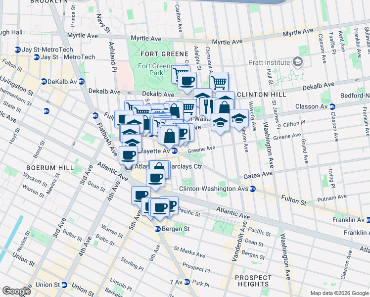map of restaurants, bars, coffee shops, grocery stores, and more near 19 Greene Avenue in Brooklyn