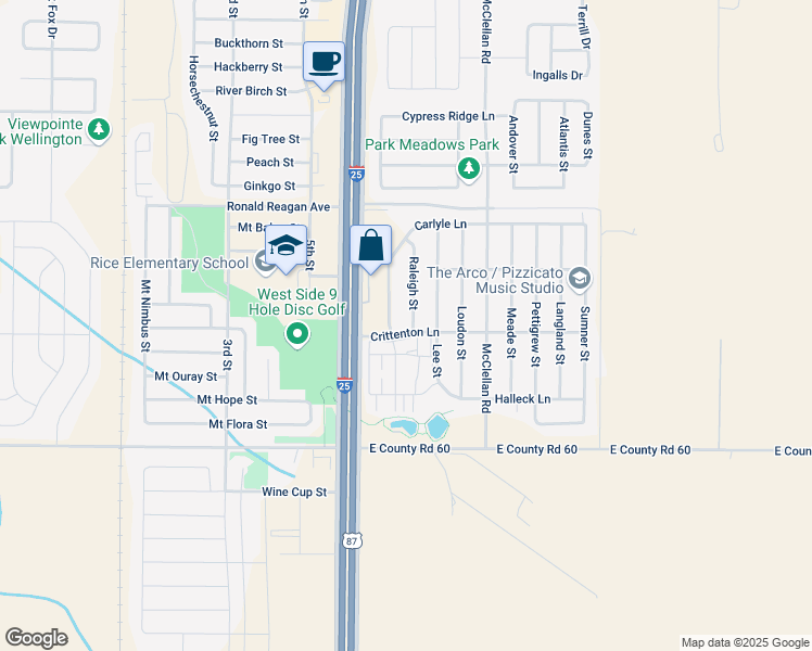 map of restaurants, bars, coffee shops, grocery stores, and more near 6901 Raleigh Street in Wellington