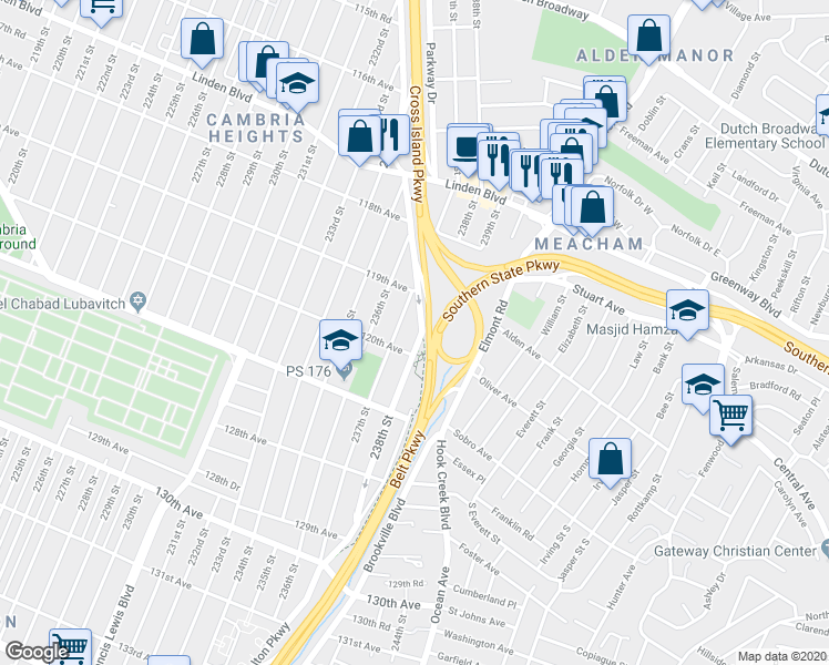 map of restaurants, bars, coffee shops, grocery stores, and more near 119-38 238th Street in Queens