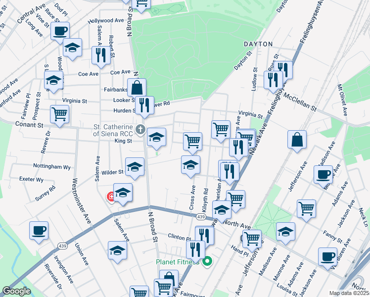 map of restaurants, bars, coffee shops, grocery stores, and more near 1358 Alina Street in Elizabeth