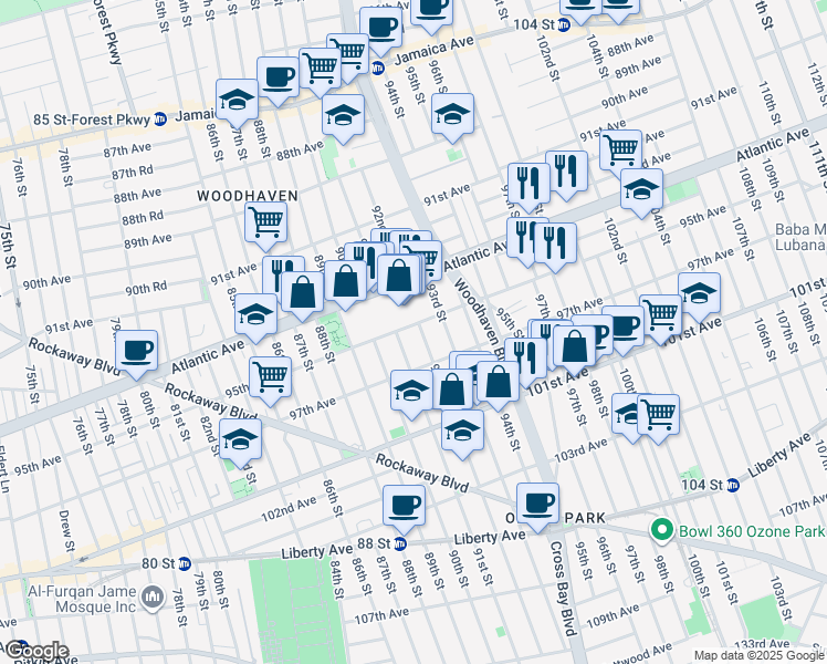 map of restaurants, bars, coffee shops, grocery stores, and more near 91-16 95th Avenue in Queens
