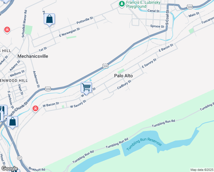 map of restaurants, bars, coffee shops, grocery stores, and more near 1 E Savory St in Pottsville