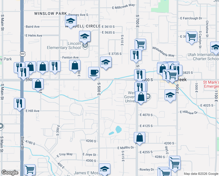 map of restaurants, bars, coffee shops, grocery stores, and more near 529 East 3955 South in Millcreek