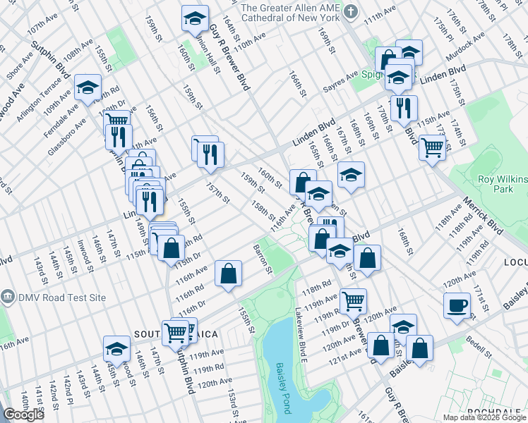 map of restaurants, bars, coffee shops, grocery stores, and more near 115-37 158th Street in Queens