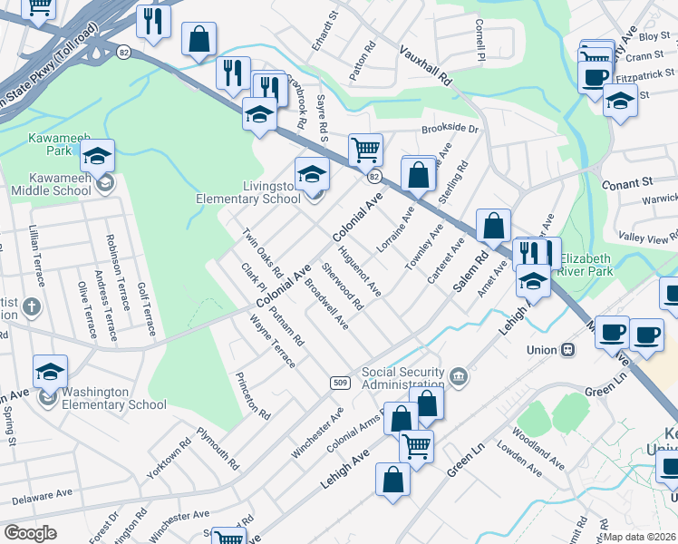 map of restaurants, bars, coffee shops, grocery stores, and more near 400 Sherwood Road in Union