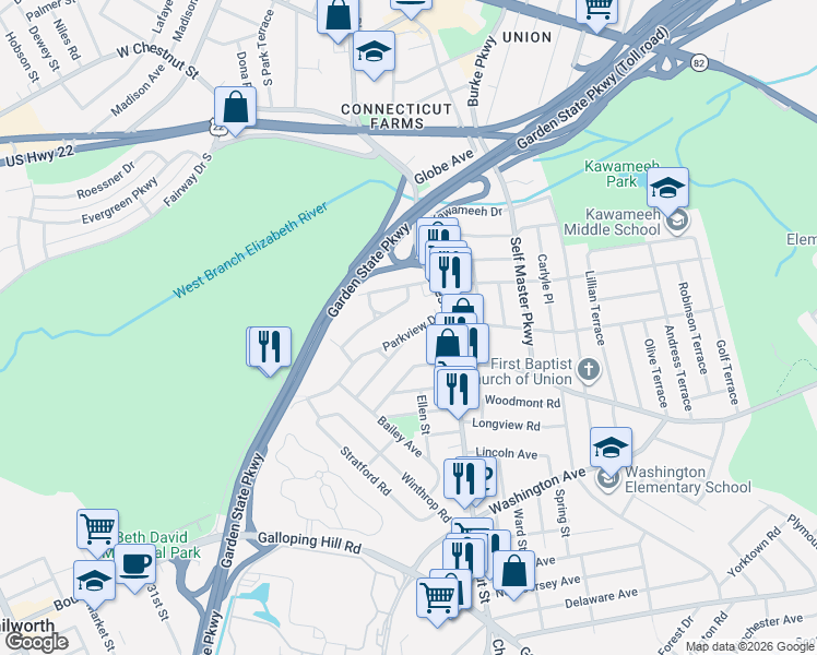 map of restaurants, bars, coffee shops, grocery stores, and more near 164 Parkview Dr in Union