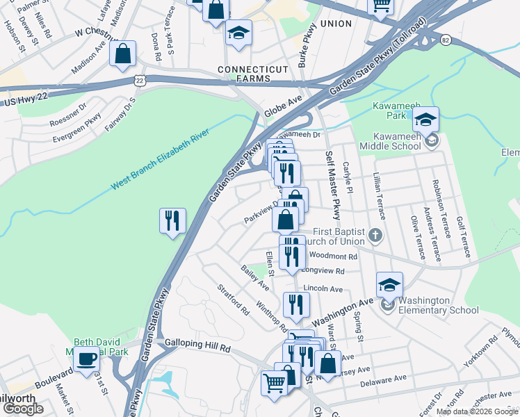 map of restaurants, bars, coffee shops, grocery stores, and more near 164 Parkview Drive in Union