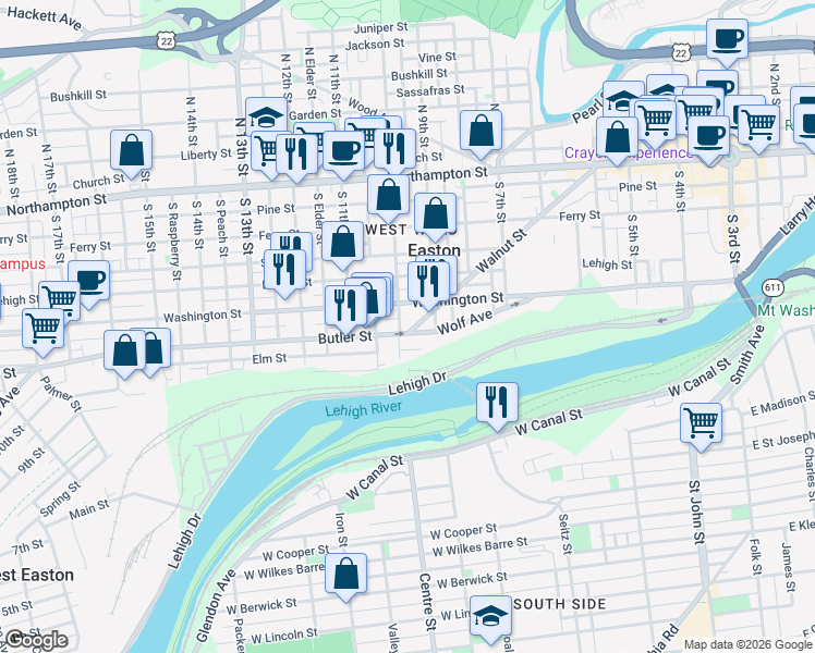 map of restaurants, bars, coffee shops, grocery stores, and more near 947 Butler Street in Easton