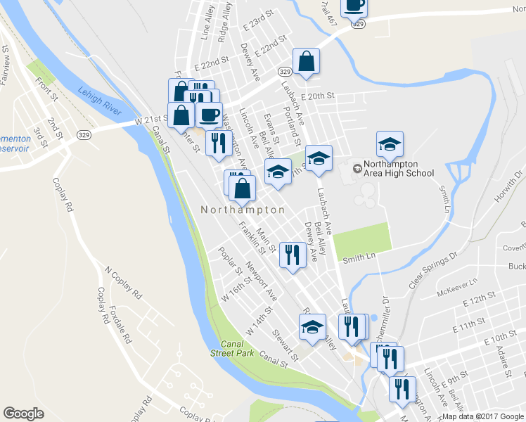 map of restaurants, bars, coffee shops, grocery stores, and more near 1659 Washington Avenue in Northampton