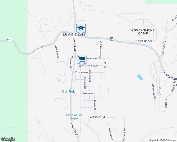 map of restaurants, bars, coffee shops, grocery stores, and more near 17782 Toyon Avenue in Shasta Lake