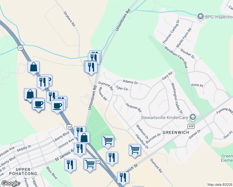 map of restaurants, bars, coffee shops, grocery stores, and more near 701 Jackson Road in Stewartsville
