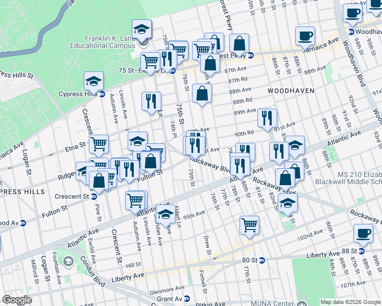map of restaurants, bars, coffee shops, grocery stores, and more near 75-11 Rockaway Boulevard in Queens